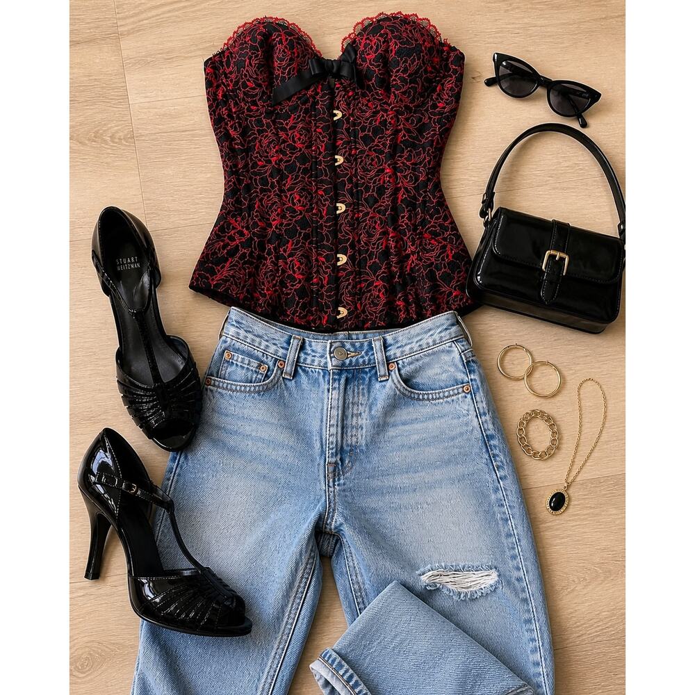 Savage X Fenty Lace Corset Top Red Black Bustier NWOT Sz Small Structured